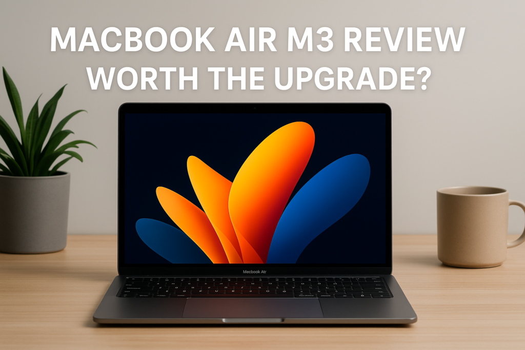 MacBook Air M3 on desk with sleek design, showing Liquid Retina display